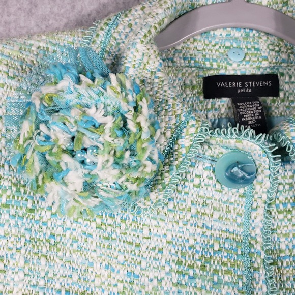Valerie Stevens 8 P Tweed Skirt Suit Set Mint‎ Blue Green Wool Blend Glamouratti - Picture 14 of 16
